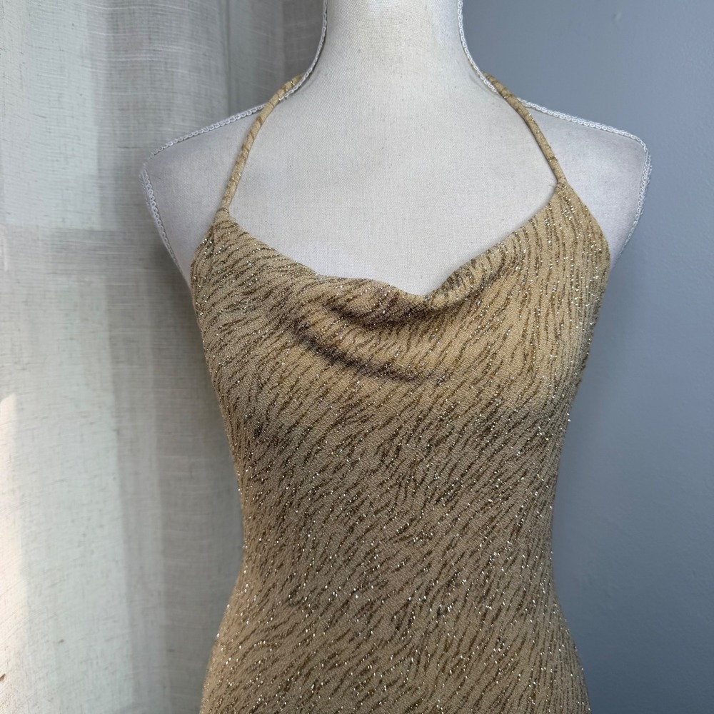 Y2K Vintage Jump Gown Cowl Neck Open Back Halter Gold Glitter Dress 11/12 - Picture 4 of 11